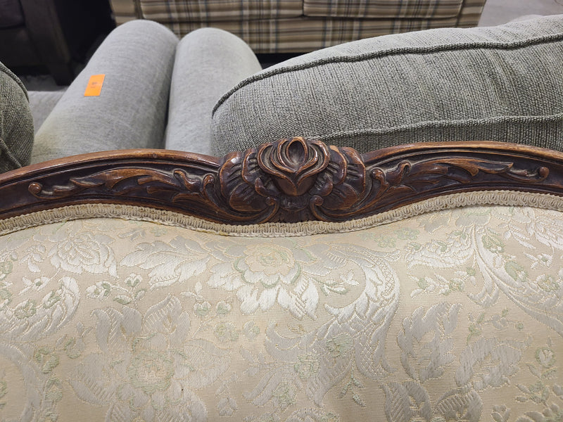 French Provincial Brocade Sofa with Carved Wood Frame