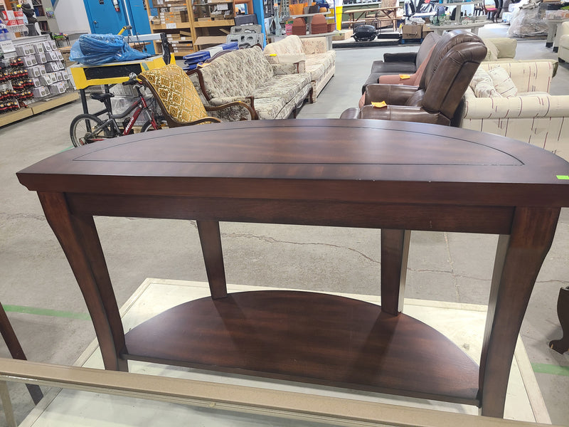 Dark Cherry Wood Half-Moon Console Table with Lower Storage Shelf