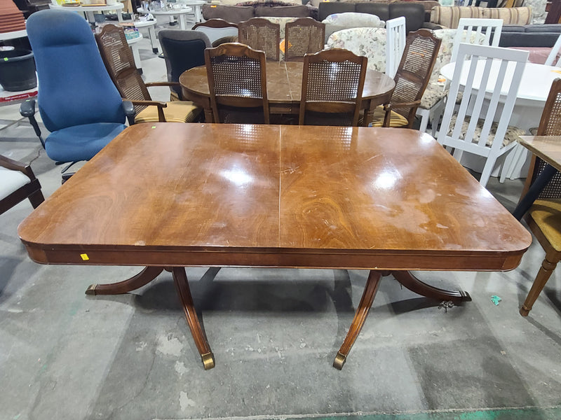 Traditional Double Pedestal Wood Extension Dining Table with Brass Feet