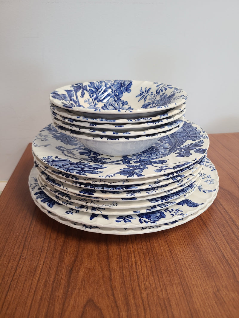 Vintage Royal Crownford Burleigh "Charlotte" Blue & White 14-Piece Dinnerware Set