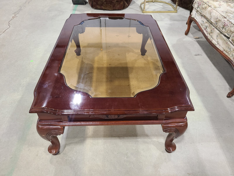 Traditional Cherry Finish Glass-Top Coffee Table