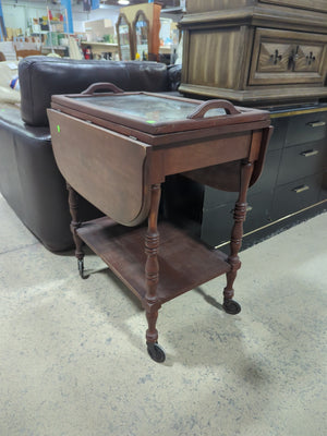 Vintage Drop Leaf Tea Cart with Glass Serving Tray Top and Wheels