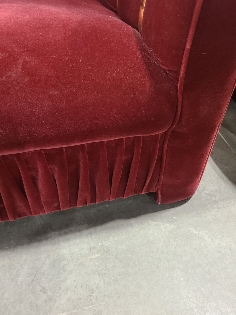 Amazing Condition Vintage Red Velvet 2-Seater Loveseat with Metallic Gold Arm Accents