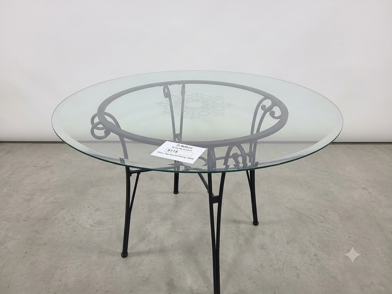 Elegant Round Glass-Top Dining Table with Wrought Iron Base