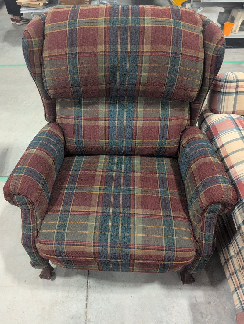 Red, Green, and Blue Plaid Upholstered Armchair