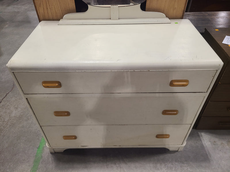 Vintage Art Deco Off-White 3-Drawer Vanity Dresser with Octagonal Mirror