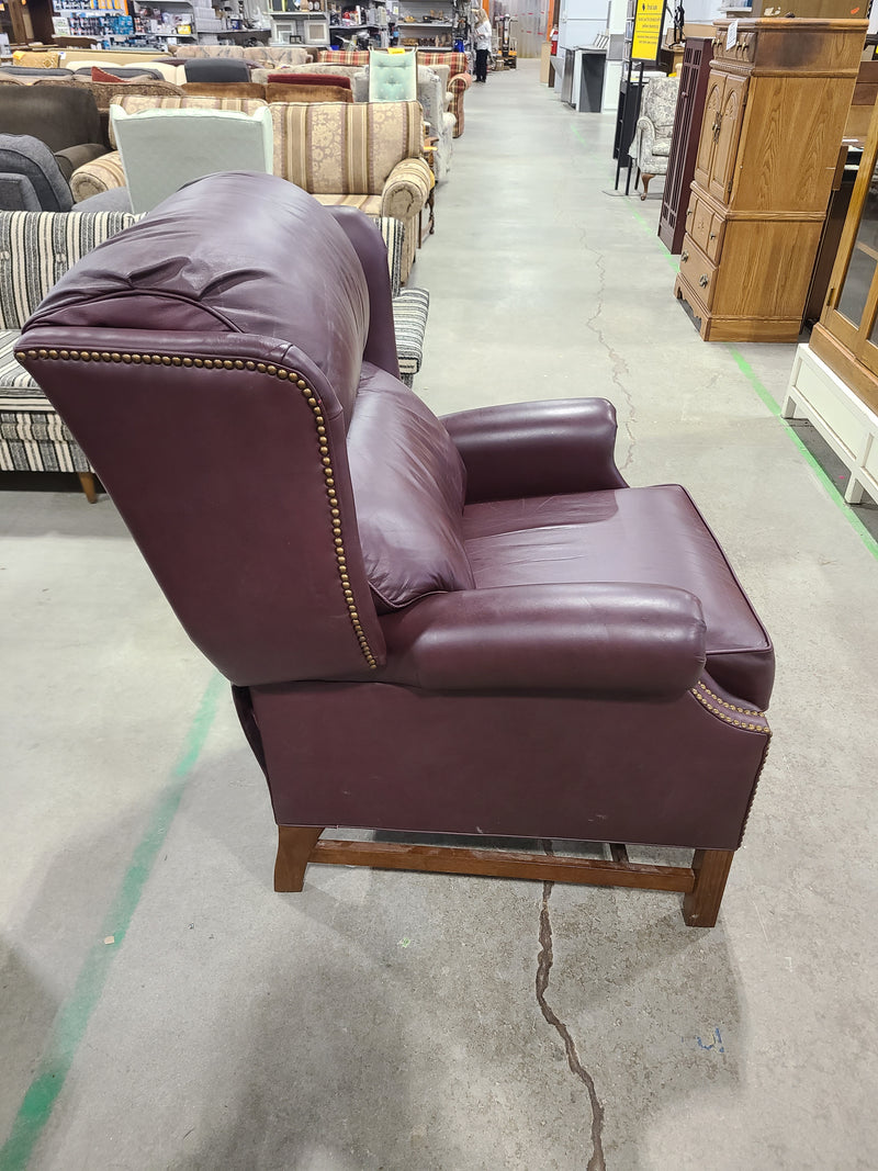Burgundy Leather Wingback Armchair with Nailhead Trim
