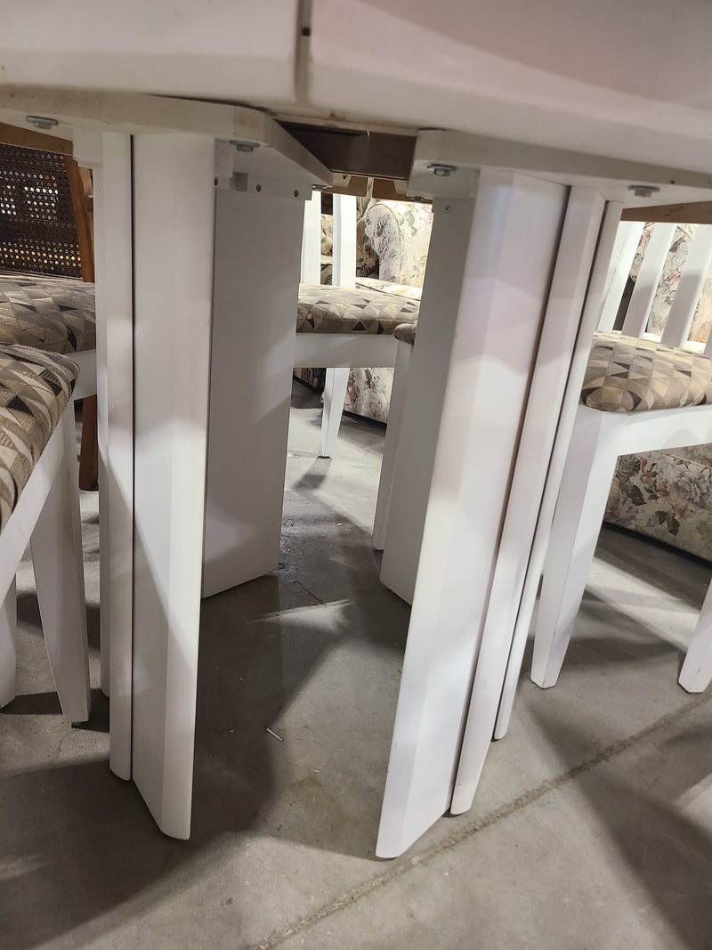 White Extension Pedestal Dining Table with 6 Upholstered Chairs