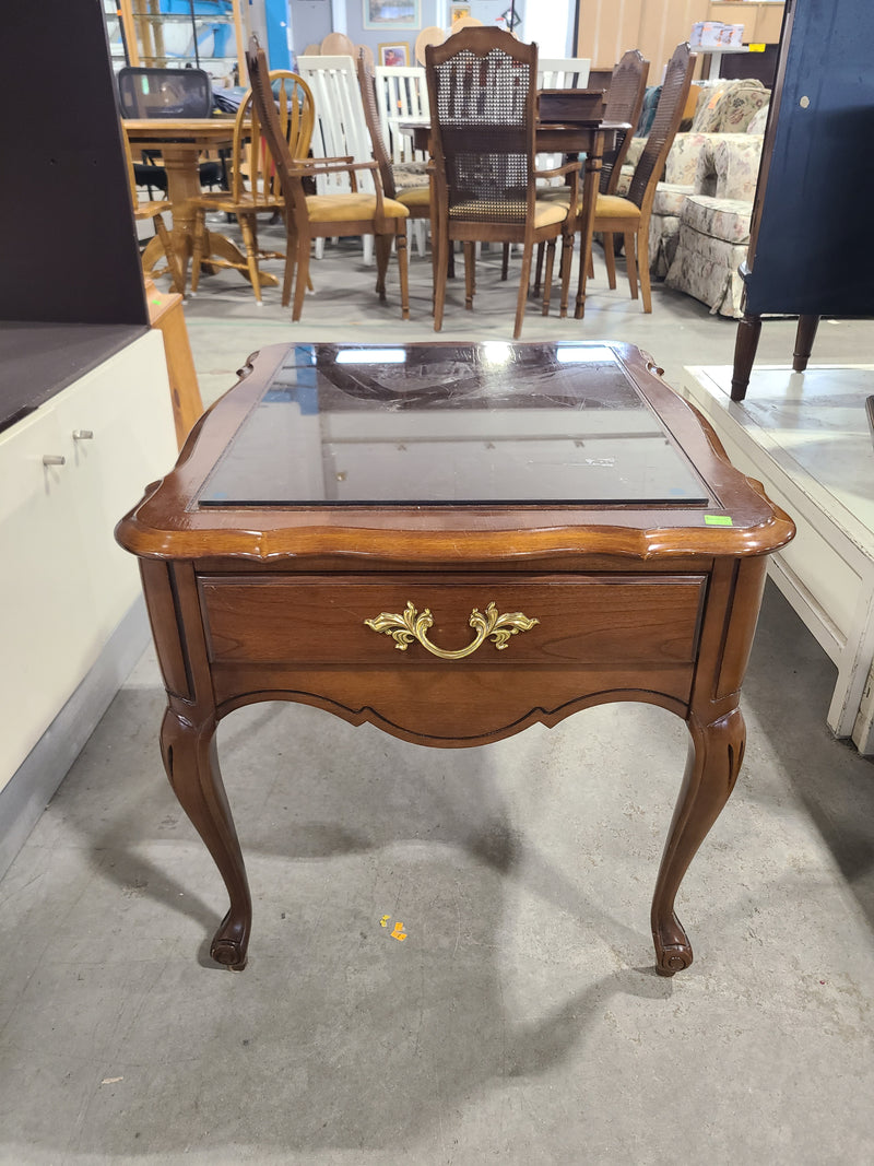 Vintage French Provincial Wood End Table with Glass Top & Drawer