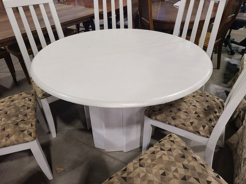 White Extension Pedestal Dining Table with 6 Upholstered Chairs