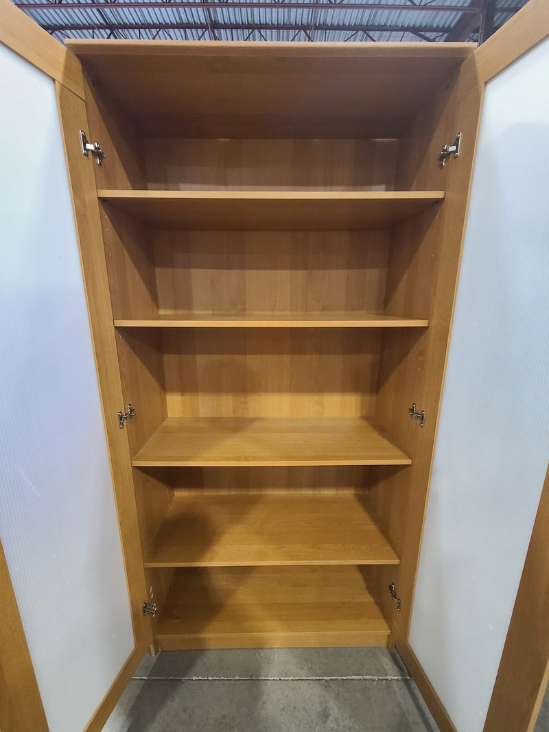 Modern Natural Wood Tall Storage Cabinet with Frosted Glass Doors