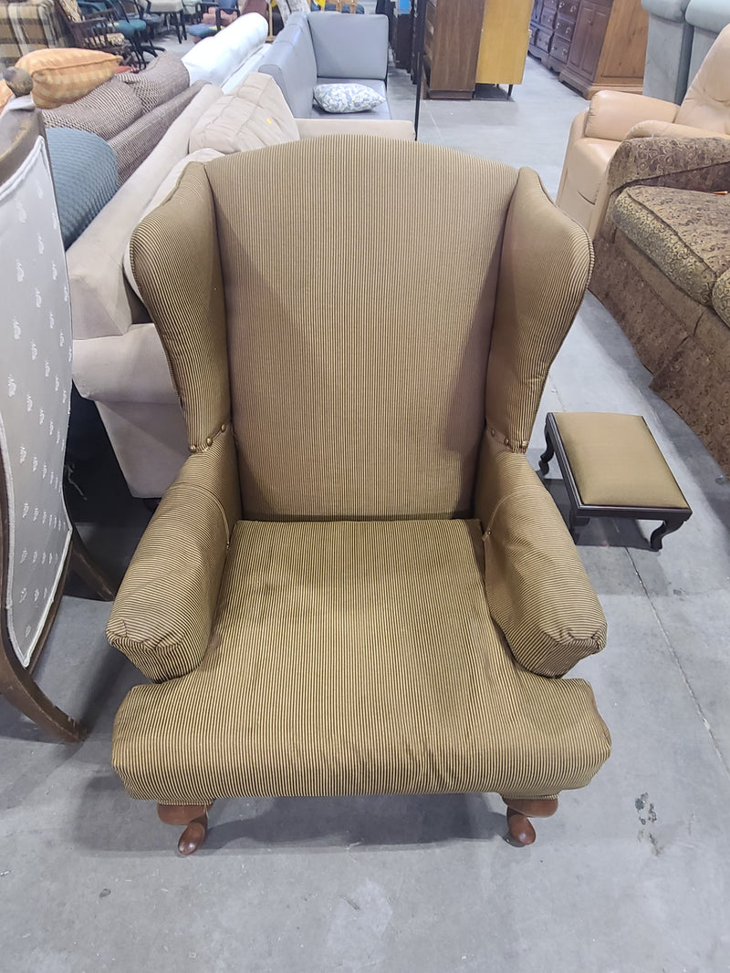 Classic Striped Wingback Armchair with Matching Footstool in Olive/Gold Tones