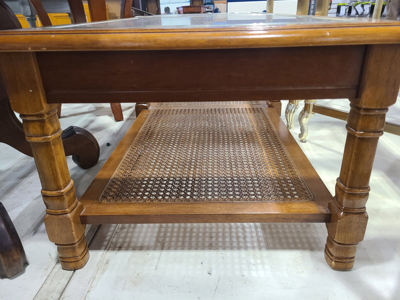 Vintage-Style Wooden Coffee Table with Glass Top and Cane Shelf
