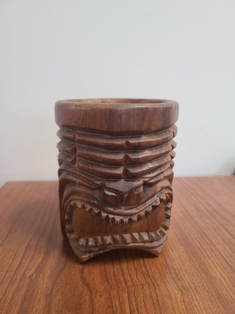 Vintage Hand-Carved Wooden Tiki Pair Mug Set