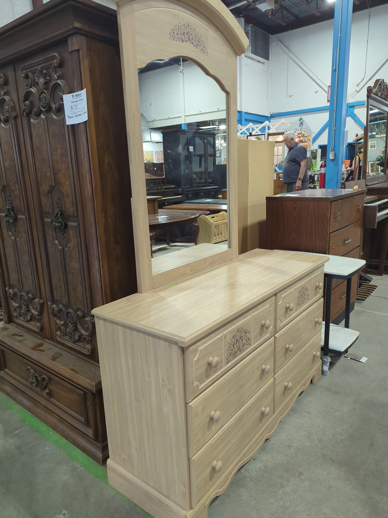 Light Wood Double Dresser with Floral Stencil Design