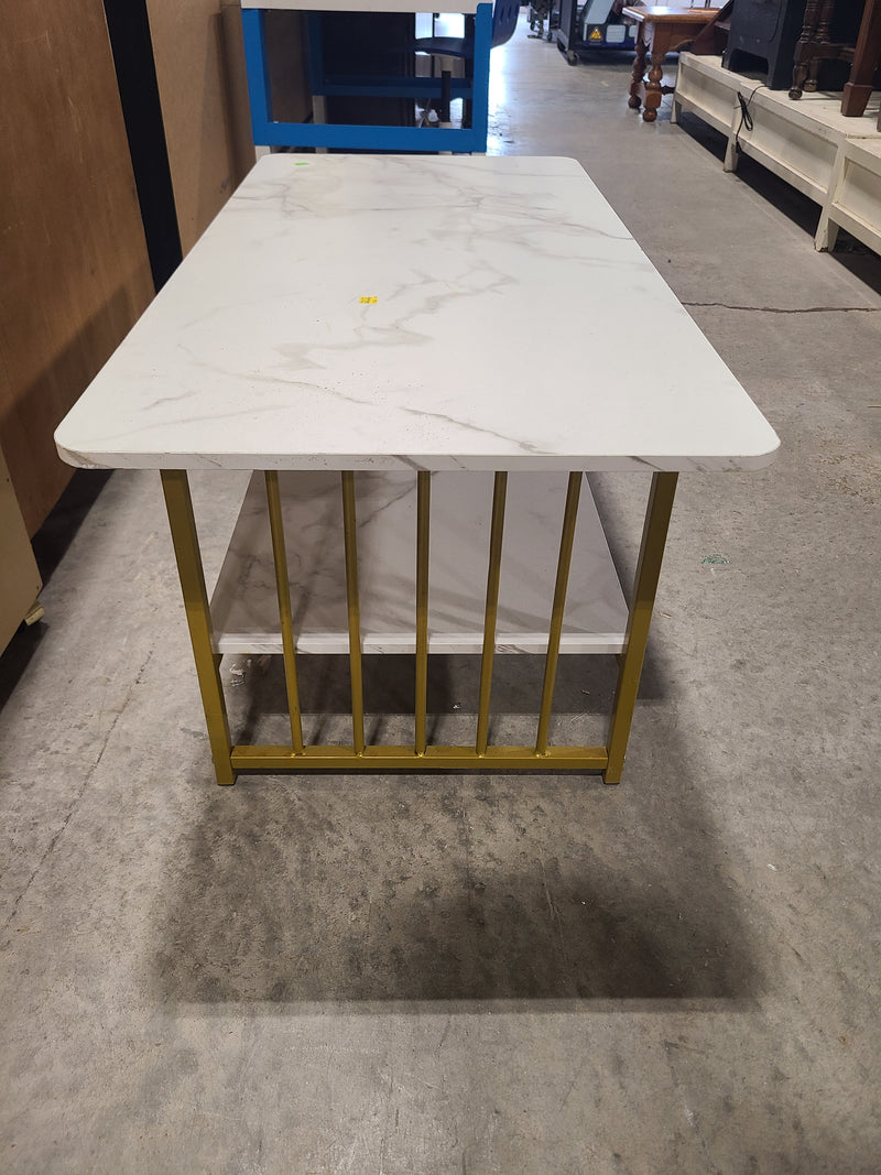 Modern Faux White Marble & Gold Metal Frame Coffee Table with Two-Tier Storage