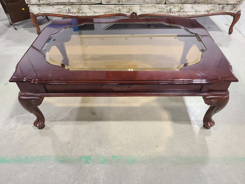 Traditional Cherry Finish Glass-Top Coffee Table