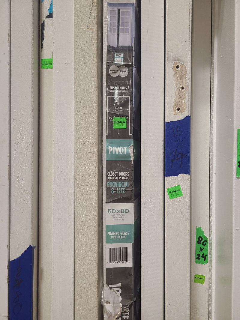 Provincial 8-Lite White Framed Frosted Glass Pivot Closet Doors