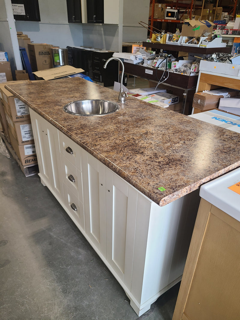 Off-White Bathroom Vanity Cabinet with Laminate Countertop, Round Stainless Steel Sink & Faucet