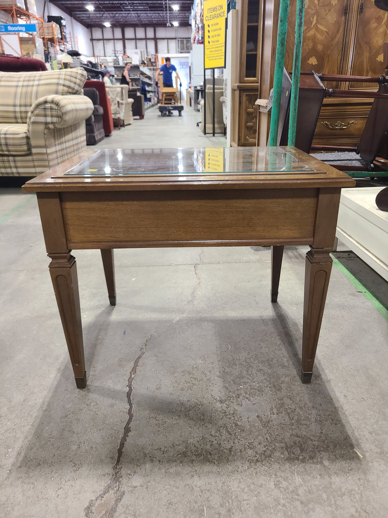 Vintage Traditional Glass-Top Wooden End Table with Storage Drawer
