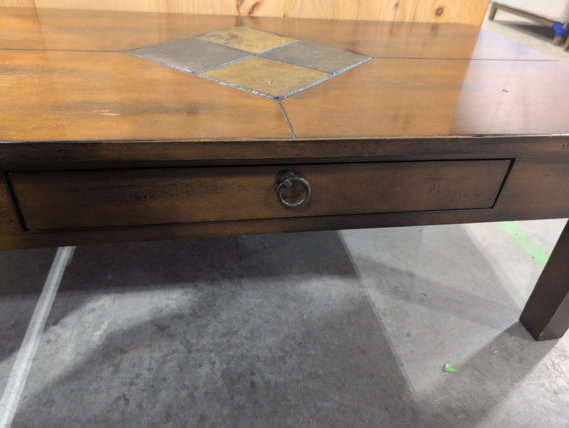 Wooden Large Coffee Table with Tile Detail in Centre with Drawer