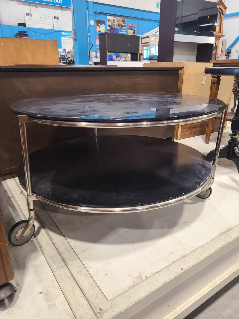 Modern Round Black Glass & Chrome Coffee Table on Casters