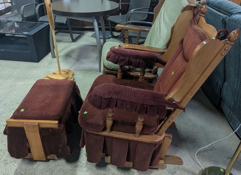Antique Upholstered Red Rocking Chair with Ottoman