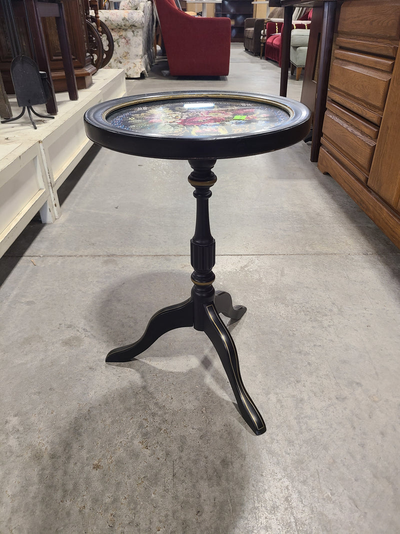 Vintage The Bombay Company Floral Needlepoint Glass-Top Pedestal Side Table