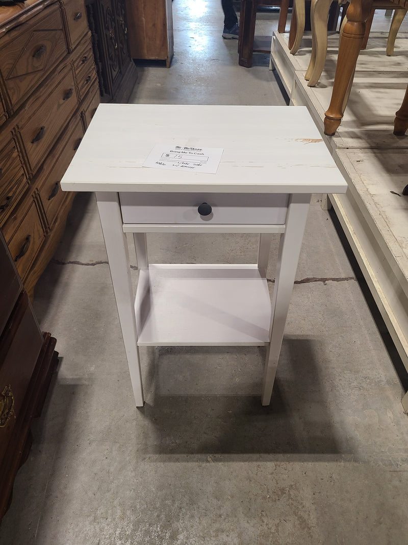 Charming White Side Table with Drawer and Shelf