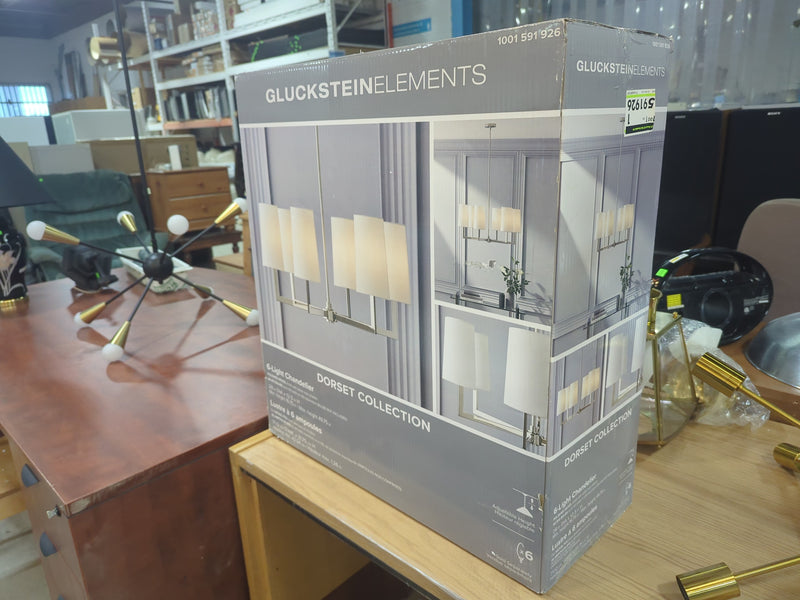 GlucksteinElements Dorset 6-Light Nickel Morden Candle-Style Cylinder Fabric Chandelier Off-White Linen Shade