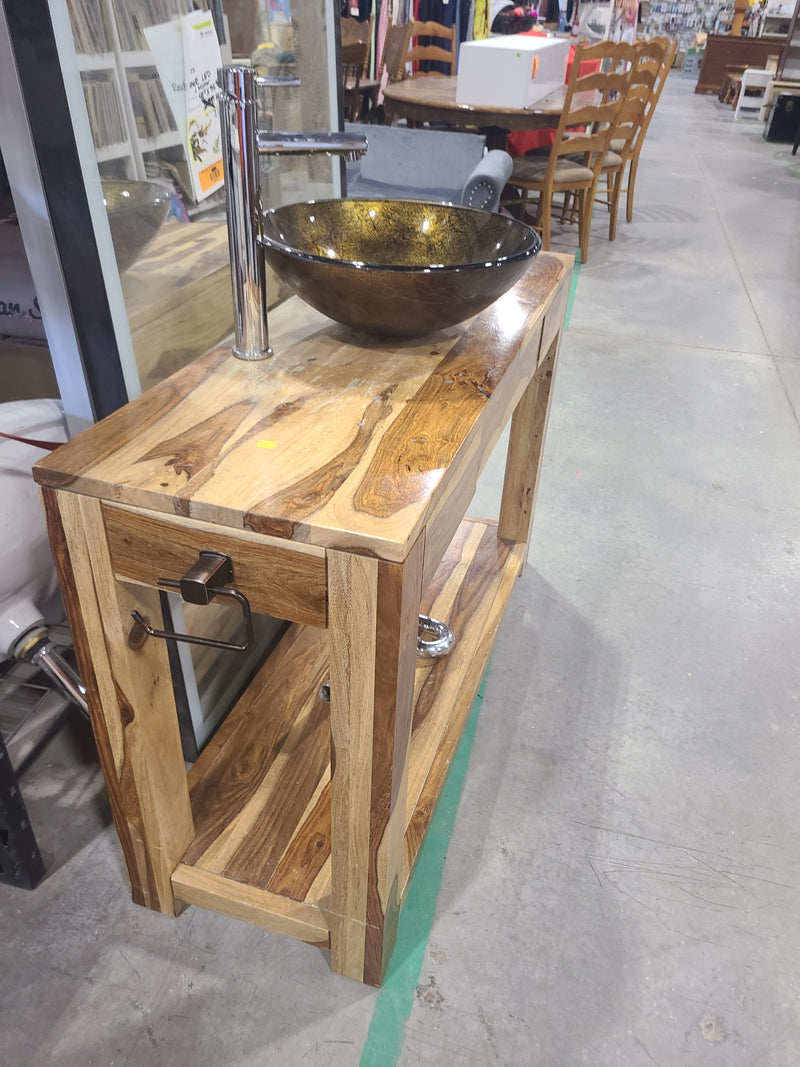 Solid Sheesham Wood Single Bathroom Vanity Set with Glass Vessel Sink