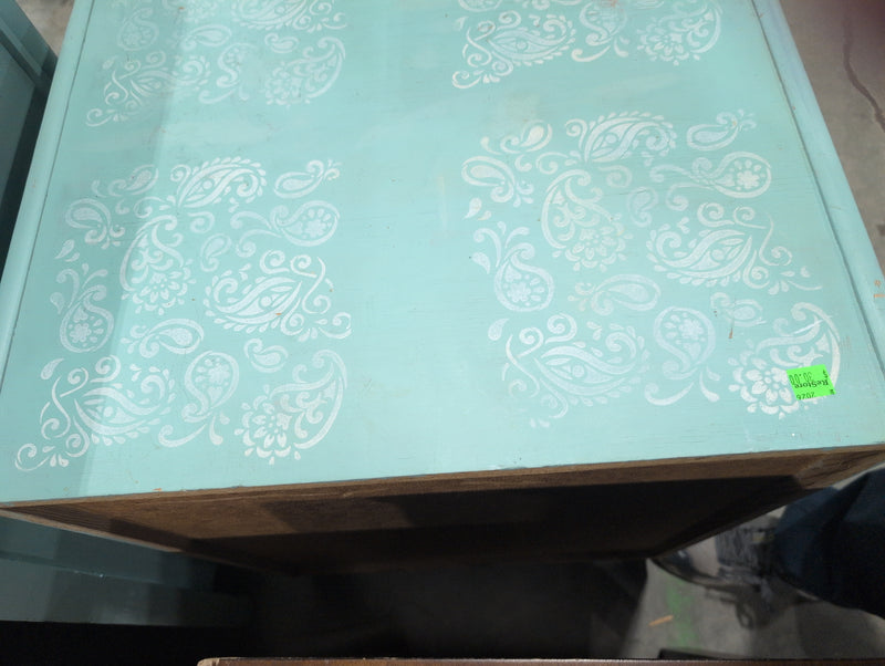 Refinished Light Blue Bedside Dresser with Stenciled Floral Paisley Details