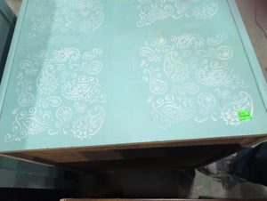 Refinished Light Blue Bedside Dresser with Stenciled Floral Paisley Details