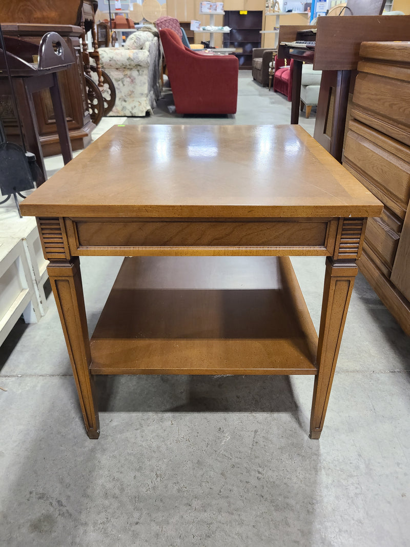 Vintage Broyhill Parquet Top Wood End Table with Drawer & Storage Shelf