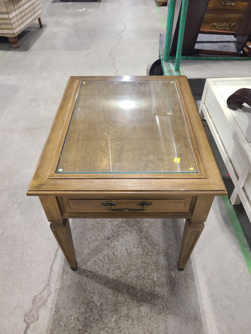 Vintage Traditional Glass-Top Wooden End Table with Storage Drawer