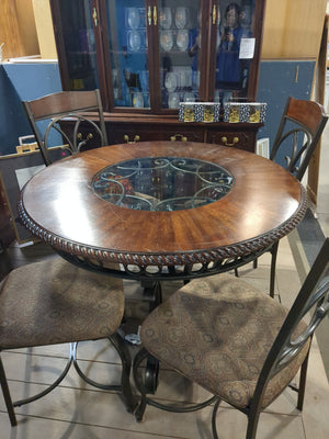 Round Wrought Iron Framed Wooden Dining Table with Four Chairs