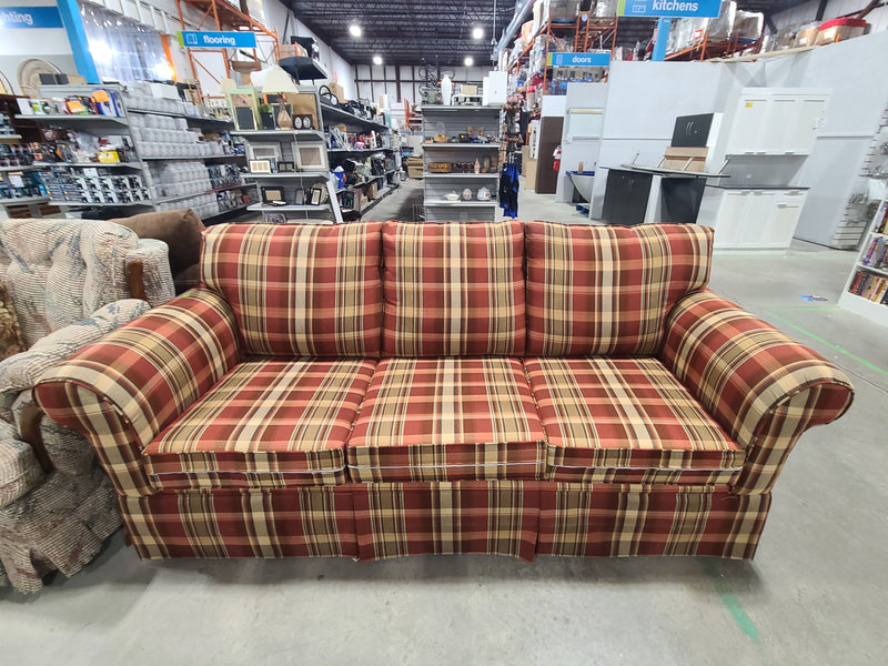 Plaid Upholstered Three-Cushion Sofa with Rolled Arms