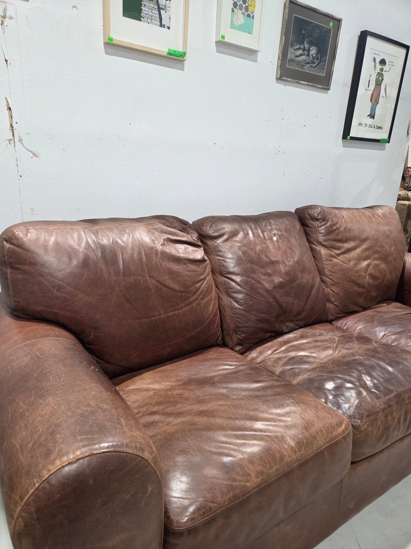 Distressed Brown Leather Sofa