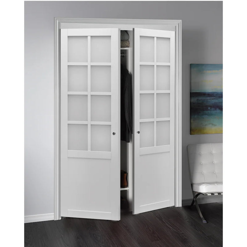 Provincial 8-Lite White Framed Frosted Glass Pivot Closet Doors