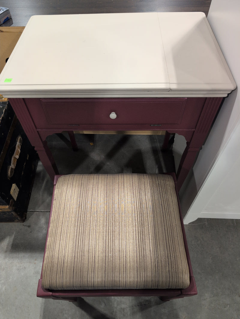 Plum and Taupe Sewing Desk with Sewing Machine and Matching Stool