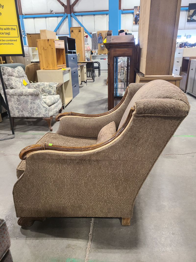 Traditional Brocade Accent Armchair with Carved Wood Trim