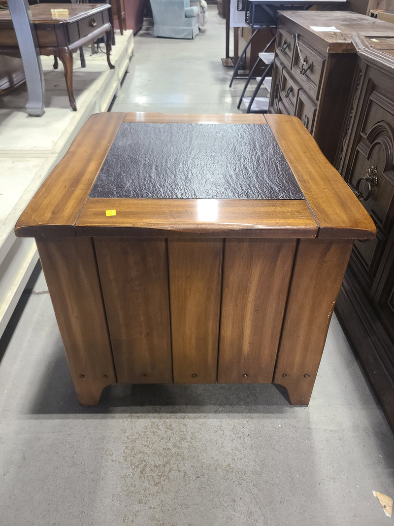 Rustic Wooden End Table Cabinet with Slate Top Inlay