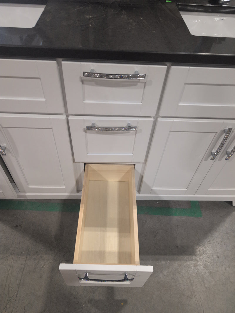 White Bathroom Vanity with Double Sink and Sparkly Handles