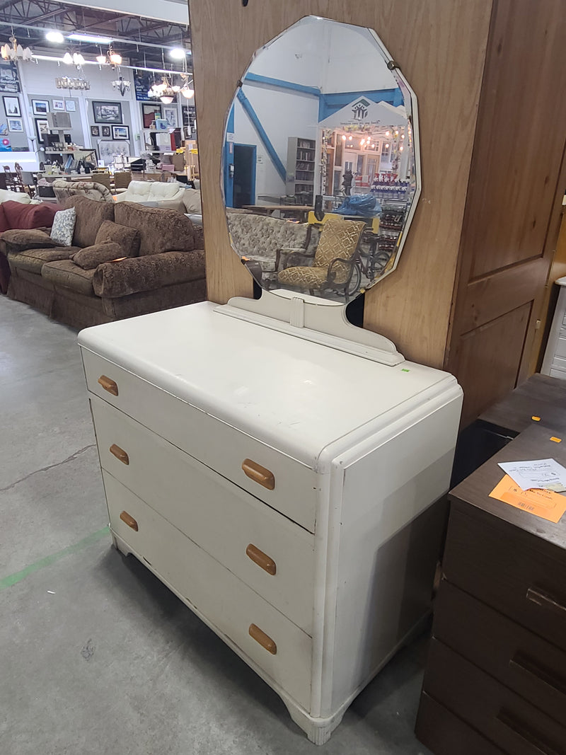 Vintage Art Deco Off-White 3-Drawer Vanity Dresser with Octagonal Mirror