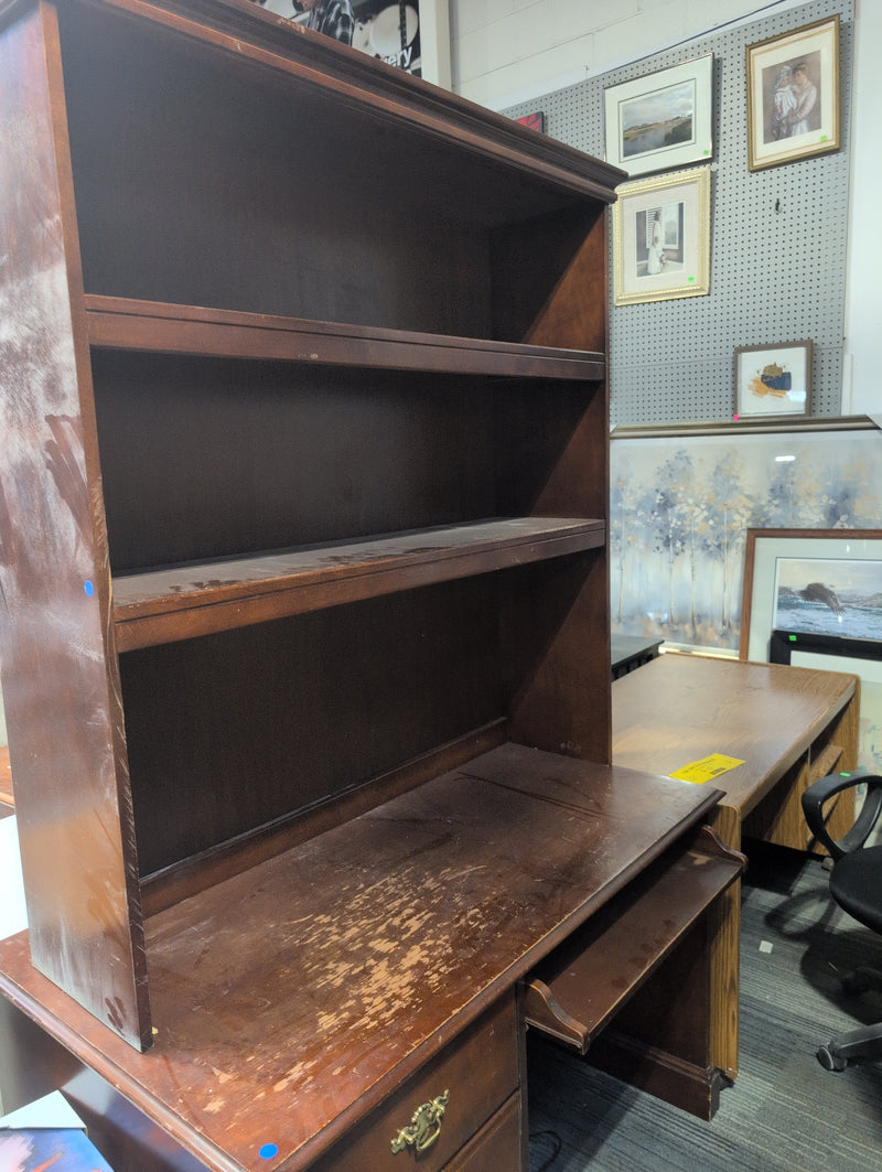 Wooden Office Desk with Shelving, Drawers, and a Pullout Shelf