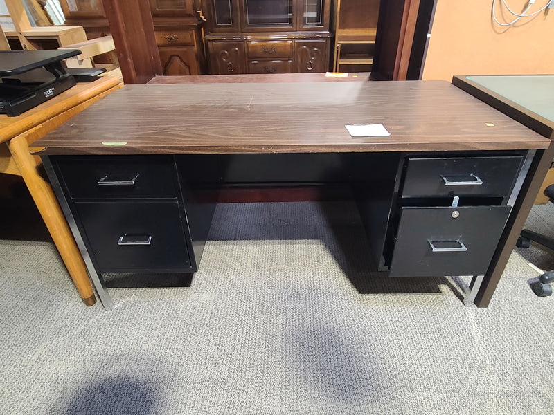 Industrial Steel Double-Pedestal Executive Desk Wood Top & Black Metal Frame