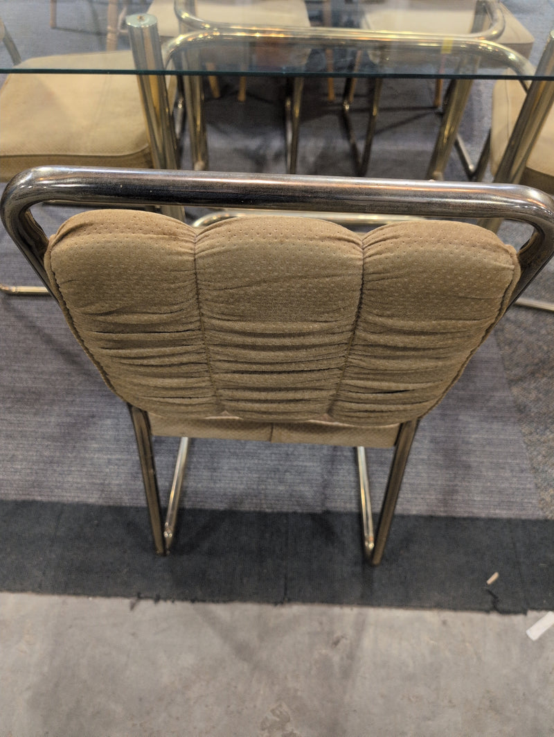 MCM Glass Top Table with Brass Base with Champagne Cushioned Chairs