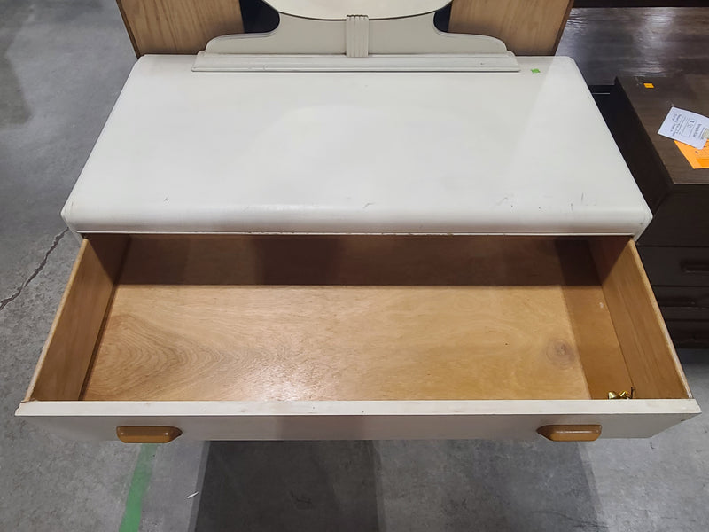 Vintage Art Deco Off-White 3-Drawer Vanity Dresser with Octagonal Mirror