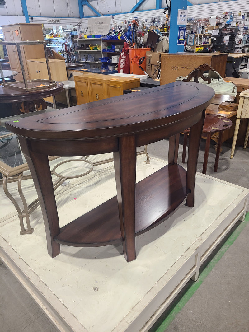 Dark Cherry Wood Half-Moon Console Table with Lower Storage Shelf