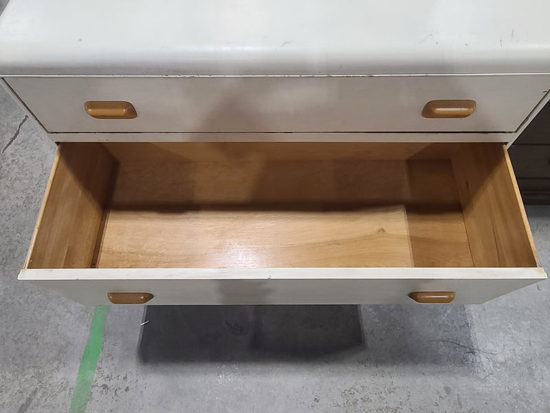 Vintage Art Deco Off-White 3-Drawer Vanity Dresser with Octagonal Mirror
